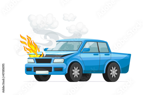 Fire from hood of damaged car, auto insurance case vector illustration