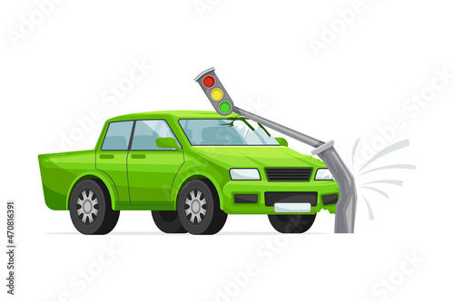 Green car crashed into traffic light. Car insurance case vector illustration