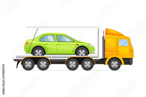 Truck evacuating broken or damaged auto. Car insurance case vector illustration