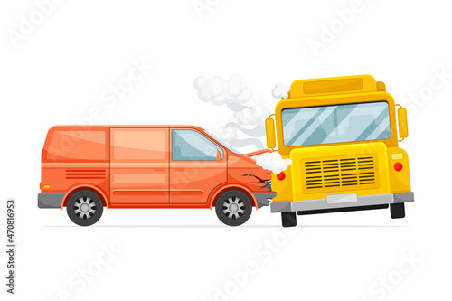 Van car collided with yellow school bus. Car insurance case vector illustration