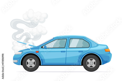 Broken car with smoke coming out from hood. Car insurance case concept vector illustration