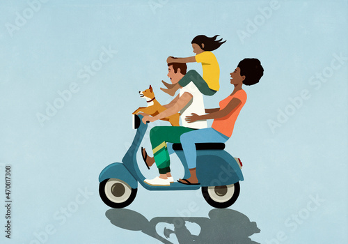 Carefree family with dog riding motor scooter
 photo