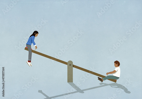 Boy and girl playing on seesaw
 photo