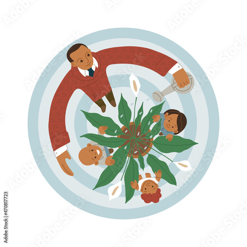 Psychologist Lev Vygotsky is raising children. A man with Soviet symbols watering flowers and children from a watering can. Isolated flat fully editable vector illustration on white background.