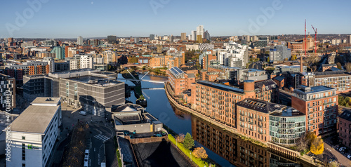 Fototapeta Naklejka Na Ścianę i Meble -  Aerial view of Leeds city centre and waterfront apartments 