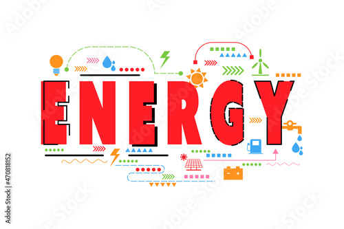 The letter or word of energy with the icon. For presentation, web banner, article. The energy from fuel, ecosystem, water, sunlight.