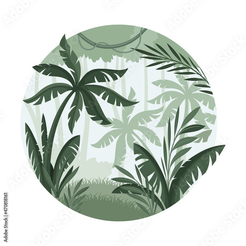 Jungle tropical landscape with palm trees. Monochrome rainforest scene in round shape vector illustration