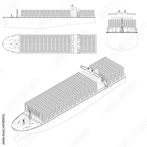 Set of contour cargo ships with containers from black lines isolated on white background. Side view, isometric, top, front. Vector illustration