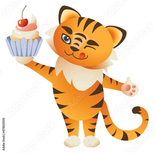 Fototapeta Naklejka Na Ścianę i Meble -  Cute tiger with cake. 2022 New Year mascot. Animal cartoon concept isolated. Can used for t-shirt, greeting card, invitation card or mascot, banners, web, packaging, ads, cards etc. Vector.