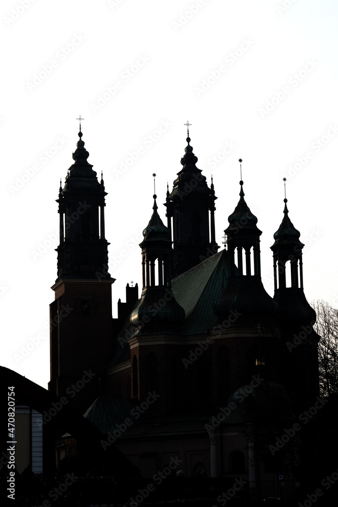 Silhouette of the catholic cathedral. Basilica of apostles St. Peter and St. Paul. Poznan, Poland.