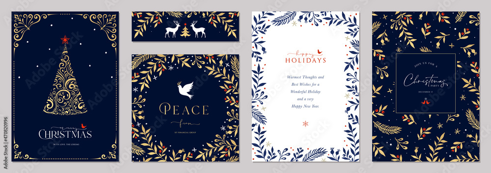 Luxury Corporate Holiday cards with Christmas tree, reindeers, Dove, birds, ornate floral frames, background and copy space. Universal artistic templates. - obrazy, fototapety, plakaty 