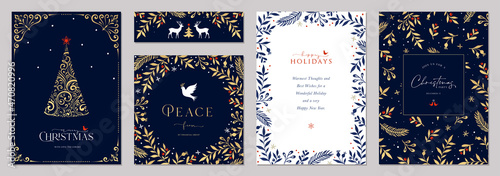 Luxury Corporate Holiday cards with Christmas tree, reindeers, Dove, birds, ornate floral frames, background and copy space. Universal artistic templates.