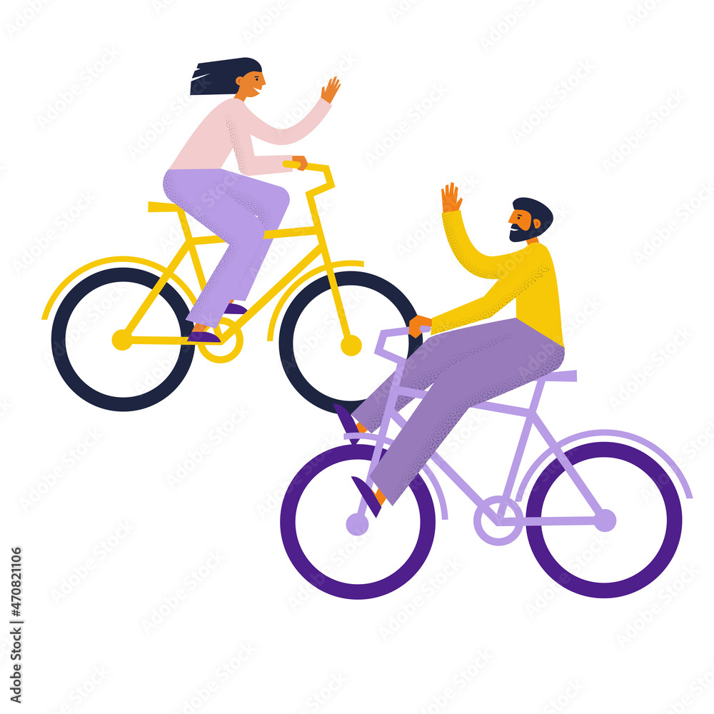 Young couple riding bicycles. Friends man and woman on bikes greeting each other waving. Flat vector illustration