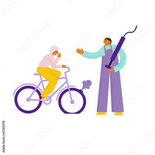 Elderly woman on a bicycle has a flat tire. grandmother cyclist is in the panic. Bike service. Repairer greats her. Repairman holds a pump. Flat vector illustration.