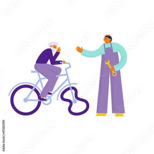 Elderly man on a bicycle has a broken tire. Grandfather cyclist is in the panic. Bike has a bended tire. Need a service help. Repairer greats welcome him. Flat vector illustration