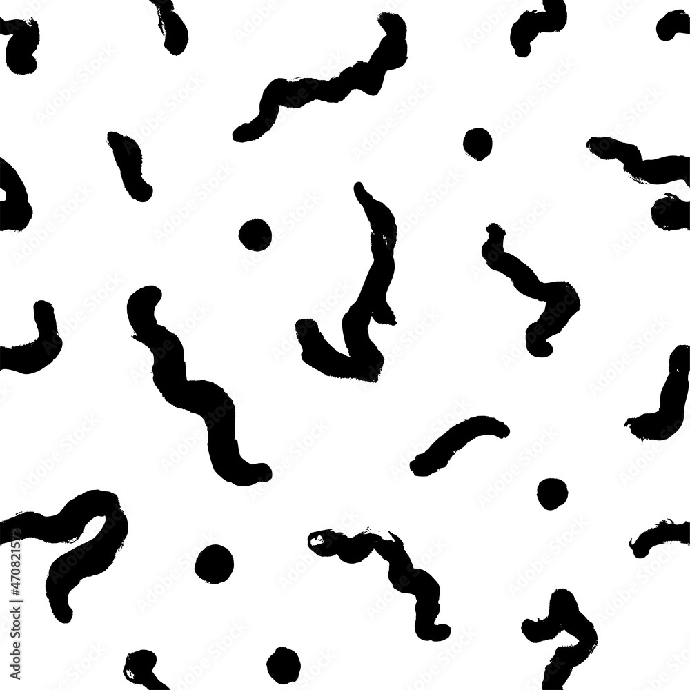 Black paint doodle lines vector seamless pattern. Wavy curly lines with dots and circles, dry brush stroke texture. Abstract monochrome wallpaper design, textile print. Wavy and swirled brush stroke Black paint doodle lines vector seamless pattern. Wavy curly lines with dots and circles, dry brush stroke texture. Abstract monochrome wallpaper design, textile print. Wavy and swirled brush stroke
