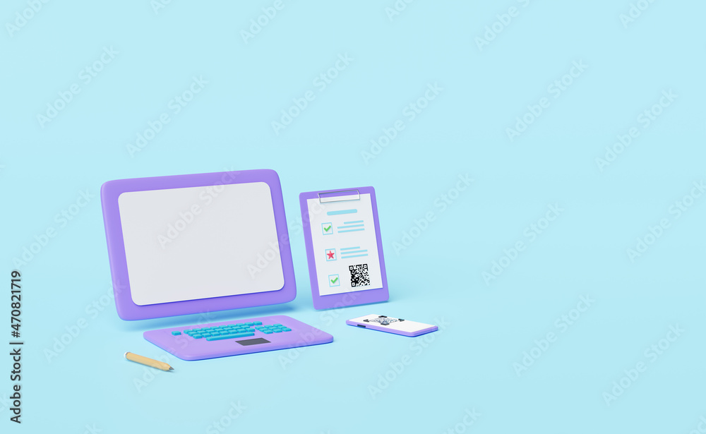 laptop computer with business data,mobile phone,smartphone,qr code scanning,clipboard checklist isolated on blue background.Online marketing,business strategy concept,3d illustration,3d render