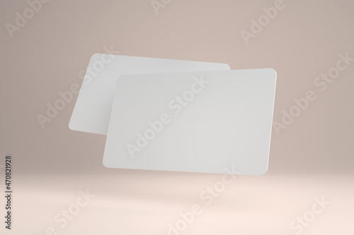 Realistic rounded corners floating business branding cards mockup with shadows for graphic design template. Blank credit card mockup front and back over a neutral background. 3D rendering