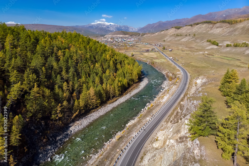 Aerial view of the Irkut river and Munku-Sardyk peak