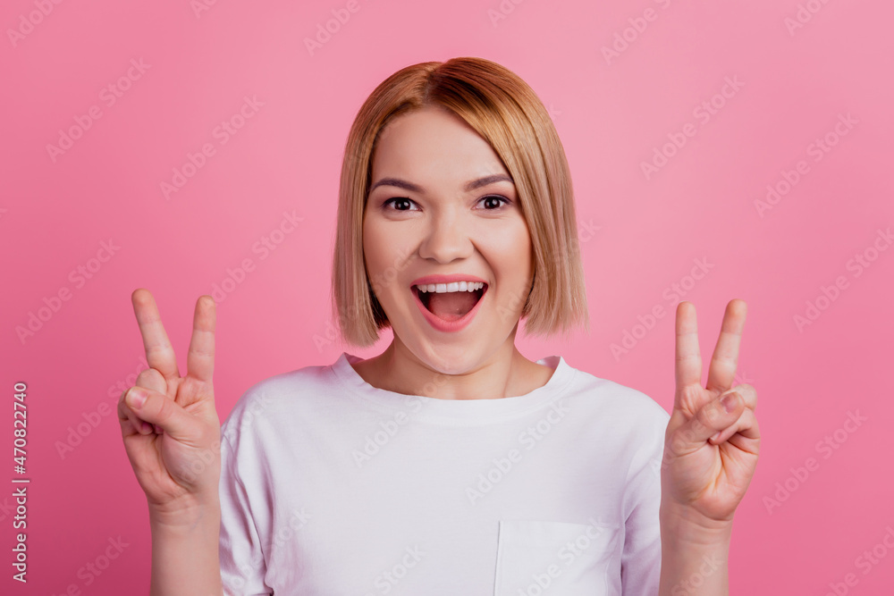 Crazy lovely amazed friendly blonde lady show two v-signs omg reaction Crazy lovely amazed friendly blonde lady show two v-signs omg reaction