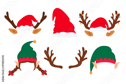 Christmas props. Photo booth set. Deer antlers, elf hat and ears, santa claus, gnome