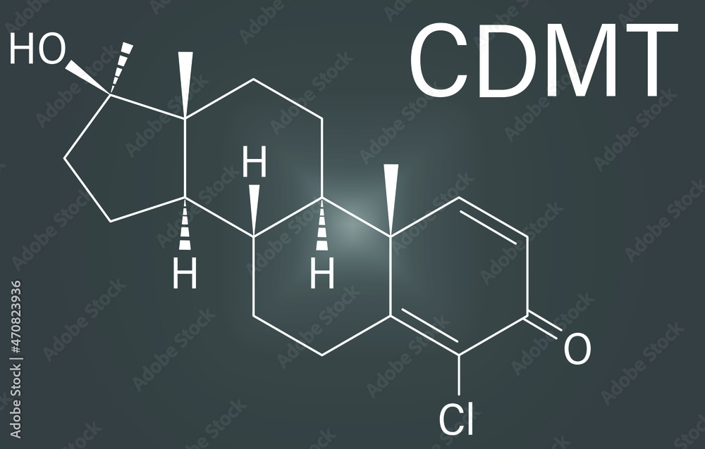 Chlorodehydromethyltestosterone (CDMT) androgenic and anabolic steroid molecule, used in sports doping. Skeletal formula. Chlorodehydromethyltestosterone (CDMT) androgenic and anabolic steroid molecule, used in sports doping. Skeletal formula.