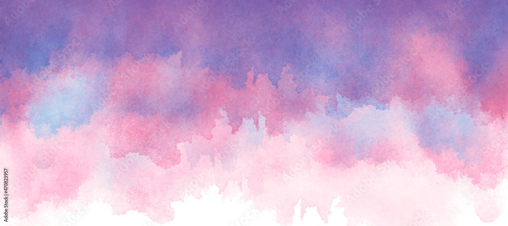 Watercolor purple, pink  background, blot, blob, splash of purple, pink  paint. Watercolor spot, abstraction. Abstract art illustration, scenic. Abstract sky, fog, cloud at sunset. Cover.Border, 