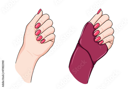 beautiful hands with pink nails, manicure vector. Fashion illustration for beauty salon, nail, manicure masters, covers, greeting cards, posters, stickers, seasonal design.