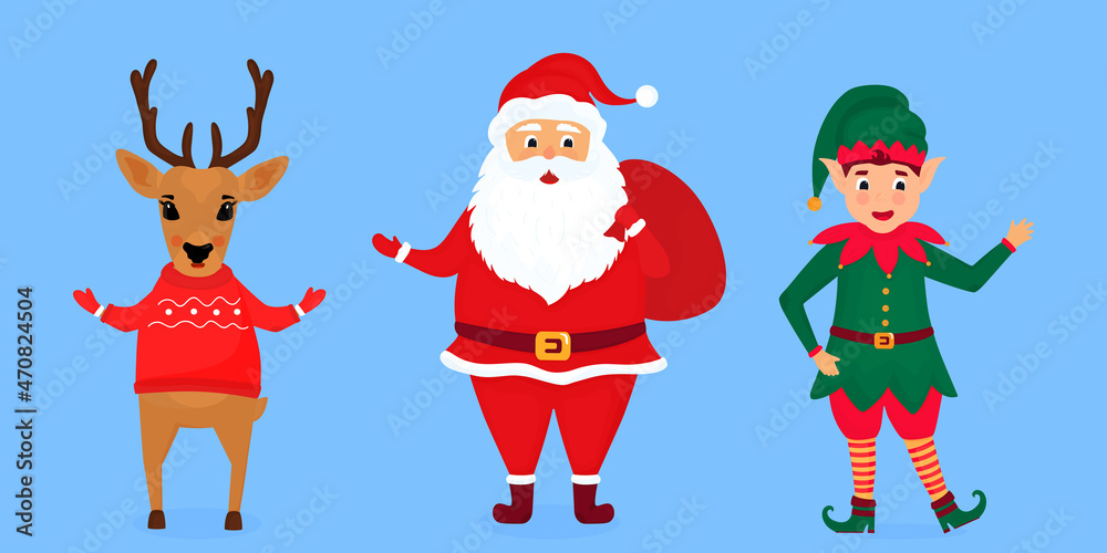 Christmas elf, Santa Claus and deer illustration