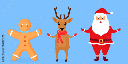 Fototapeta Naklejka Na Ścianę i Meble -  Santa Claus, deer and gingerbread man illustration