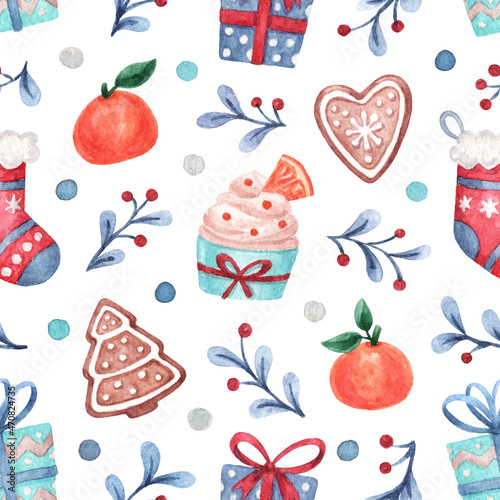 Christmas background with ginger cookie, mistletoe, orange cupcake, tangerines, gift, sock. Watercolor hand painted illustration. Winter holiday print can be used for packaging, textile, home decor