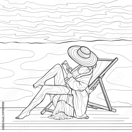 Girl sitting on the beach with a book. Coloring book antistress for children and adults. Illustration isolated on white background. Hand draw. Zen-tangle style