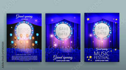Show time, Cinema and Theatre hall with seats violet blue velvet curtains. Shining light bulbs vintage and luxury festival flyer templates, golden realistic vector, music glowing vintage poster design