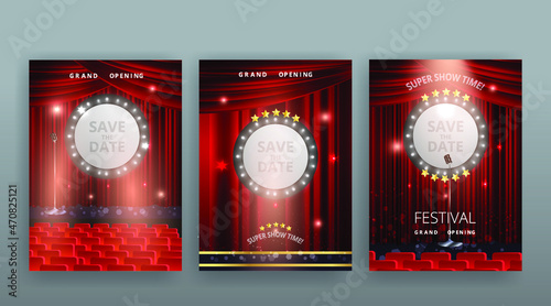 Show time, Cinema and Theatre hall with seats red velvet curtains. Shining light bulbs vintage and luxury festival flyer templates, golden realistic vector, music glowing vintage poster design