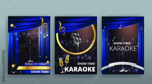 Show time, Cinema and Theatre hall with seats violet blue velvet curtains. Shining light bulbs vintage and luxury festival flyer templates, golden realistic vector, music glowing vintage poster design