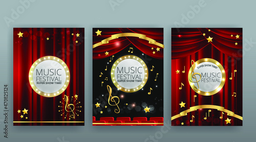 Show time, Cinema and Theatre hall with seats red velvet curtains. Shining light bulbs vintage and luxury festival flyer templates, golden realistic vector, music glowing vintage poster design