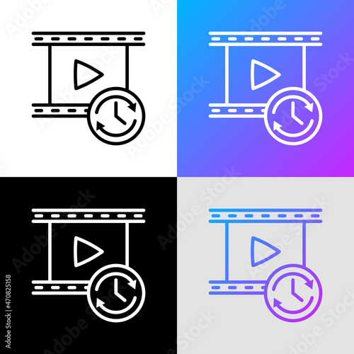 Short video thin line icon: film with button play and timer sign. Modern vector illustration for logo.