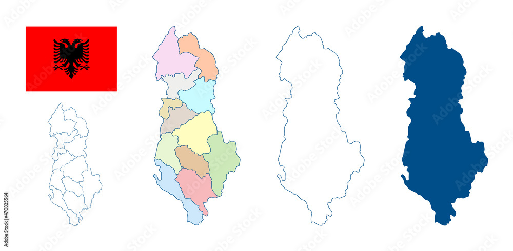 Albania map. Set of vector maps. Detailed blue outline and silhouette. Administrative divisions and counties. Country flag. All isolated on white background. Template for design and infographics.