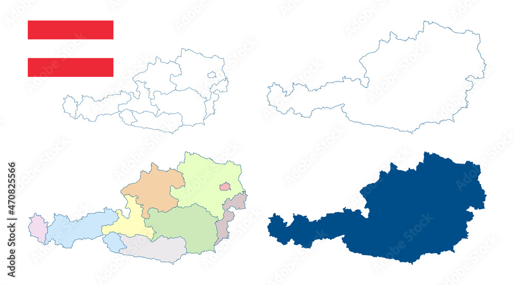 Naklejka premium Austria map. Set of vector maps. Detailed blue outline and silhouette. Administrative divisions and states. Country flag. All isolated on white background. Template for design and infographics.