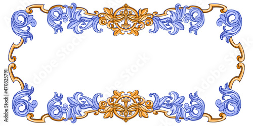 Azulejo frame tile - Portuguese Dutch and oriental tile in shades of blue colors. Baroque Vector mosaic. Capri Maiolica. Delft Blue and White. Rococo ornament