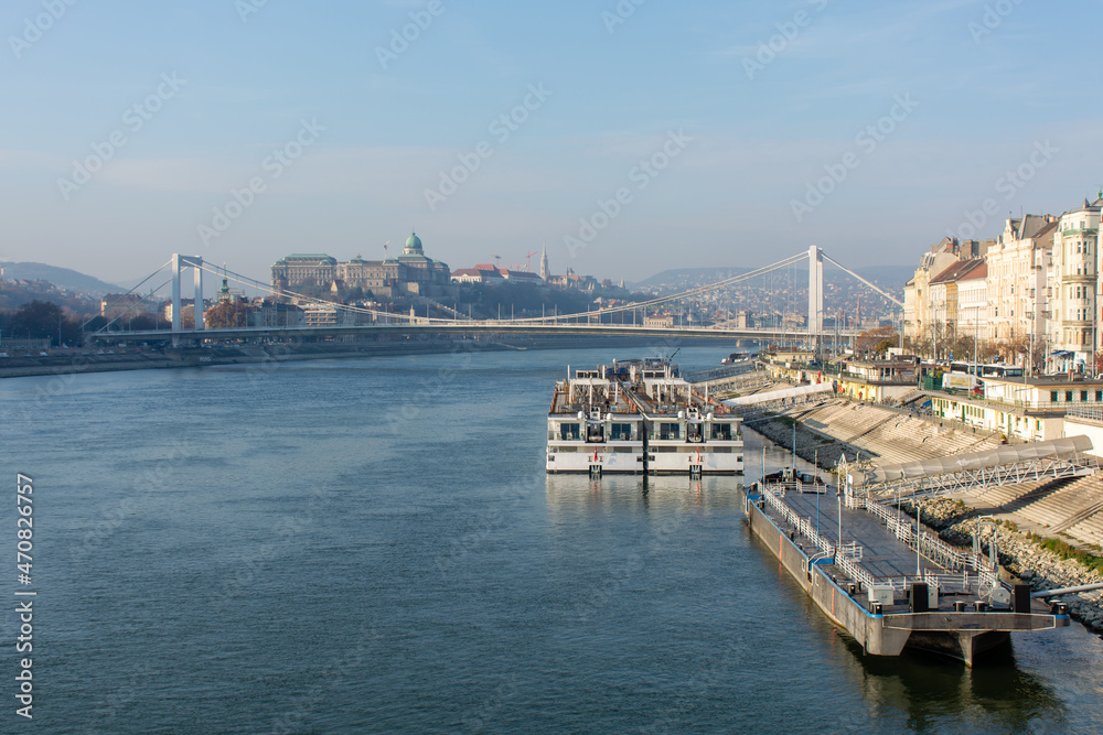 Foggy morning on the banks of the Danube in Budapest, beautiful cityscape