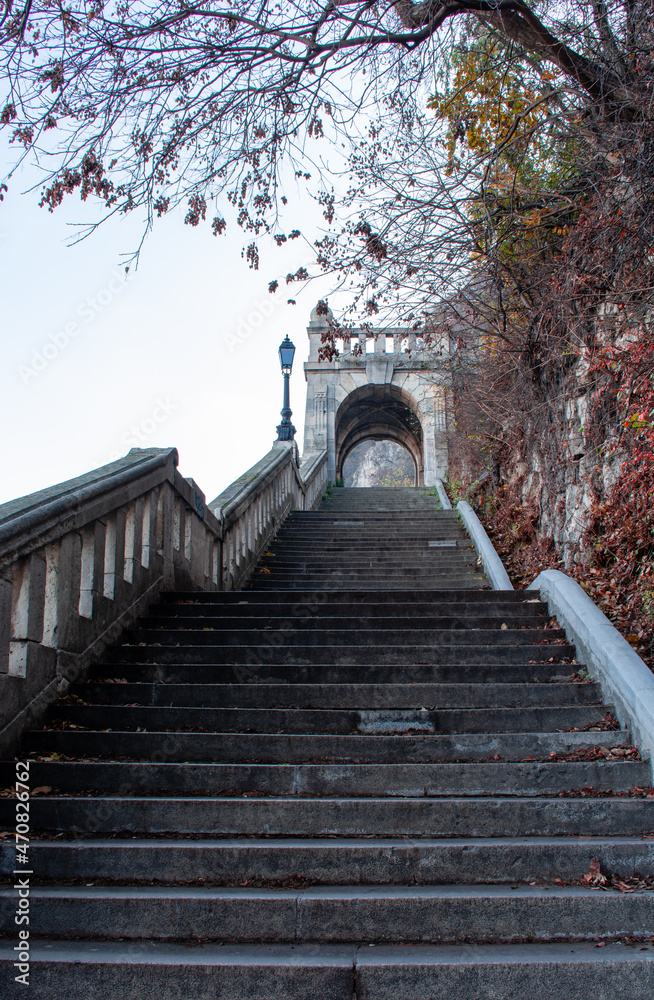 Stairs to the top of Gelert mountain in Budapest, beautiful autumn cityscape