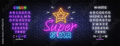 Pop art banner with super star neon on light background. Vector illustration design. Symbol, logo illustration. Super star neon on light background. Editing text neon sign