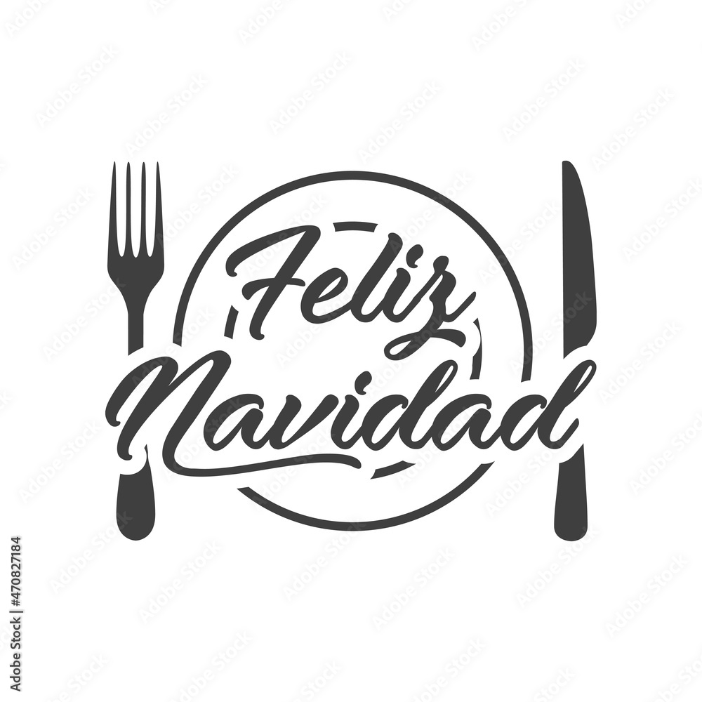 Logotipo con texto Feliz Navidad con plato y cubiertos con líneas en color gris para su uso en invitaciones y tarjetas de felicitación Logotipo con texto Feliz Navidad con plato y cubiertos con líneas en color gris para su uso en invitaciones y tarjetas de felicitación