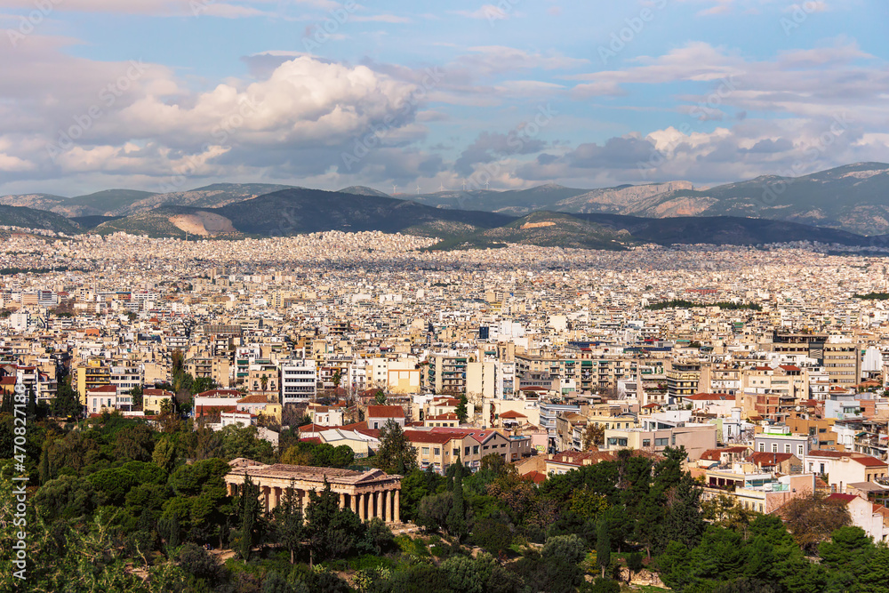 Athens, Greece capital, top view. The Temple of Hephaestus or Hephaisteion and Agorain the foreground. Panorama of city