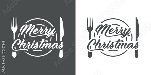 Logotipo con texto Merry Christmas con plato y cubiertos con líneas en fondo gris y fondo blanco para su uso en invitaciones y tarjetas de felicitación