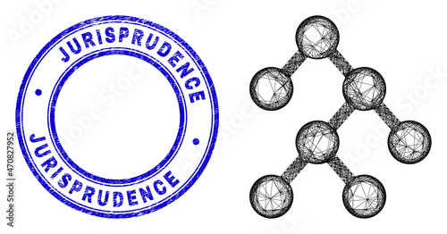 Hatched irregular mesh binary tree icon, and Jurisprudence unclean round stamp seal. Abstract lines are combined into binary tree picture. Blue stamp contains Jurisprudence title inside round shape.