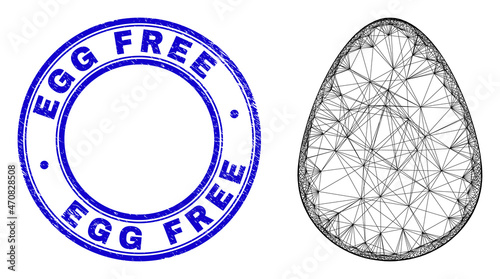 Network irregular mesh egg icon, and Egg Free scratched round seal imitation. Abstract lines are combined into egg object. Blue seal contains Egg Free title inside round form. photo