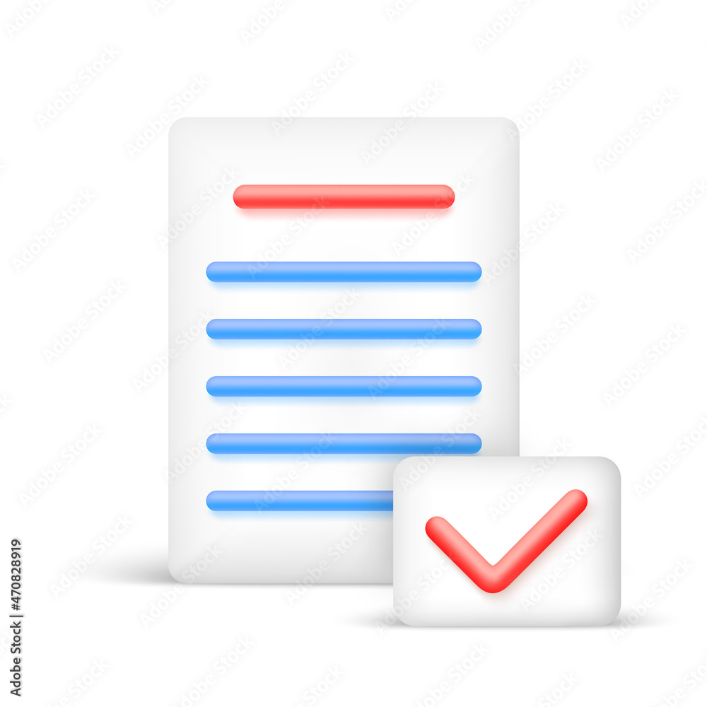 Document icon with check mark in 3d cartoon style. White paper sheet. Vector illustration. Document icon with check mark in 3d cartoon style. White paper sheet. Vector illustration.