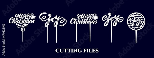 Cake topper Merry Christmas, Joy with bells, two sticks. Hand calligraphy lettering style. Vector